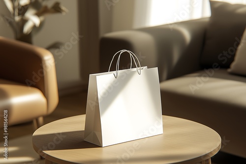 Minimalist white shopping bag on a wooden table in sunlight photo