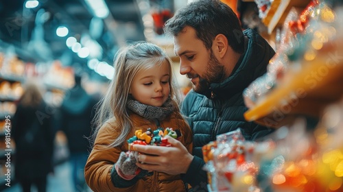 Father and Daughter Shopping for Toys in a Store During the Holiday Season photo