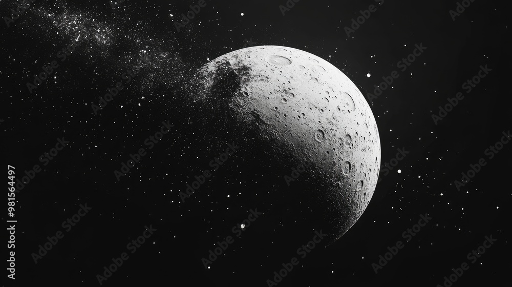 Half Moon with Craters in Space Surrounded by Stars and Milky Way Galaxy in Black and White Half Moon with Craters in Space Surrounded by Stars and Milky Way Galaxy in Black and White