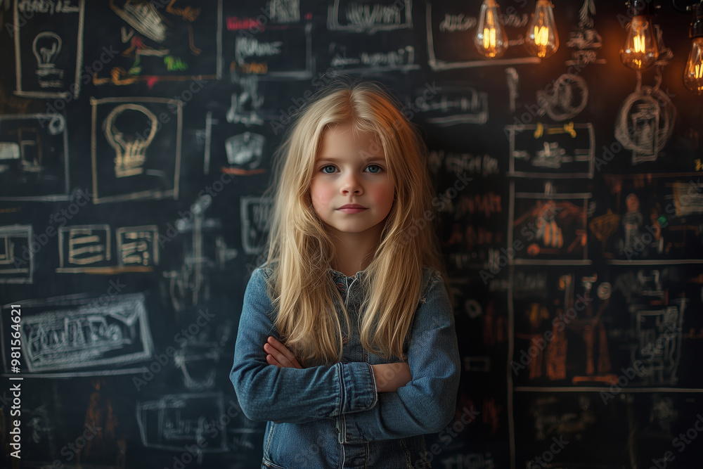 A thoughtful blond girl stands in front of a chalkboard filled with curious drawings and equations on a quiet afternoon A thoughtful blond girl stands in front of a chalkboard filled with curious drawings and equations on a quiet afternoon