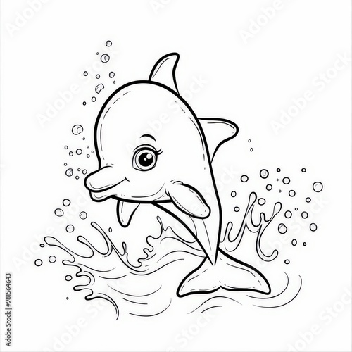 coloring page for kids, cartoon style, simple shapes, white background, isolated, a cute dolphin, some splash water photo