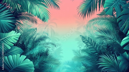 Tropical Jungle with Colorful Sunset Background - Lush Green Foliage and Vibrant Sky