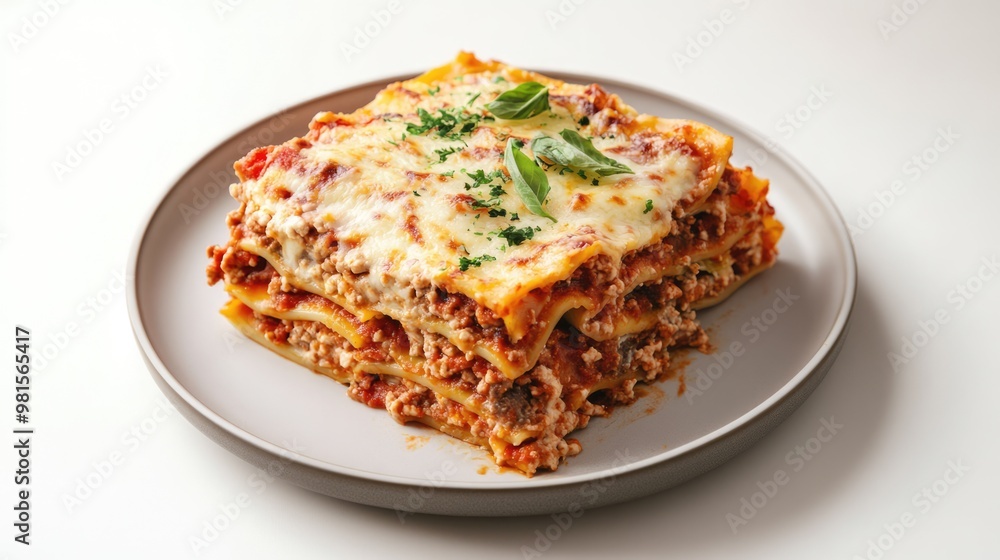 Lasagna isolated on white plate. Italian cuisine traditional dish Lasagna isolated on white plate. Italian cuisine traditional dish
