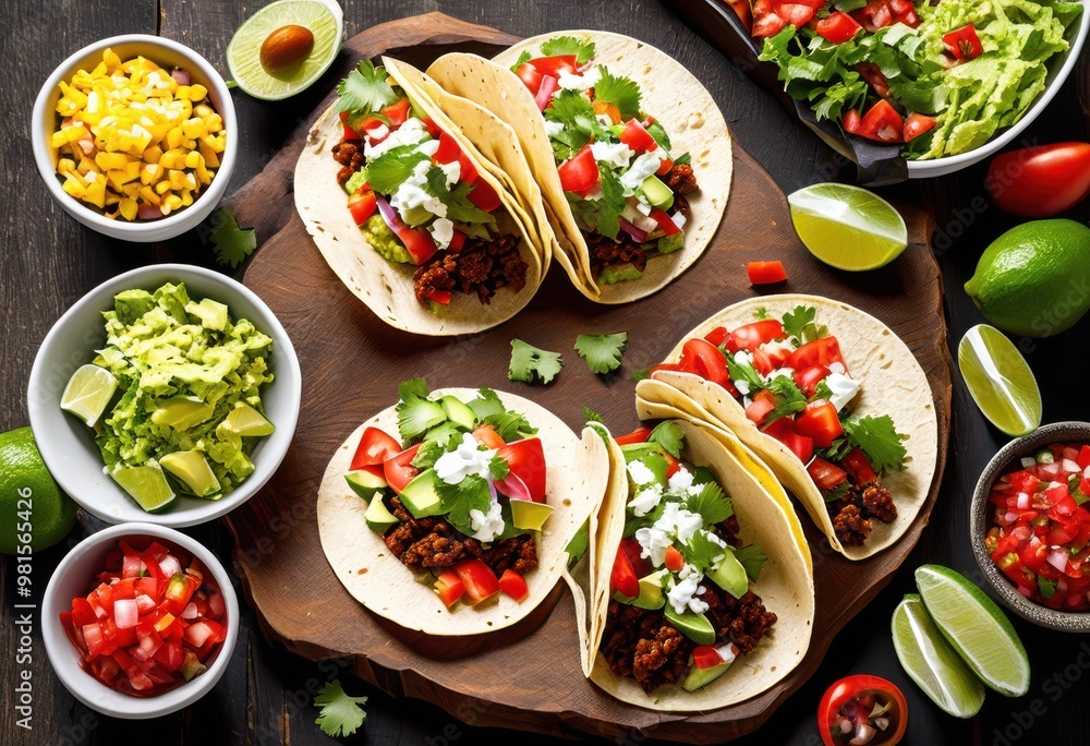 vibrant taco spread featuring colorful toppings diverse textures festive culinary experience, food, dish, ingredients, party, vegetables, salsa, guacamole vibrant taco spread featuring colorful toppings diverse textures festive culinary experience, food, dish, ingredients, party, vegetables, salsa, guacamole