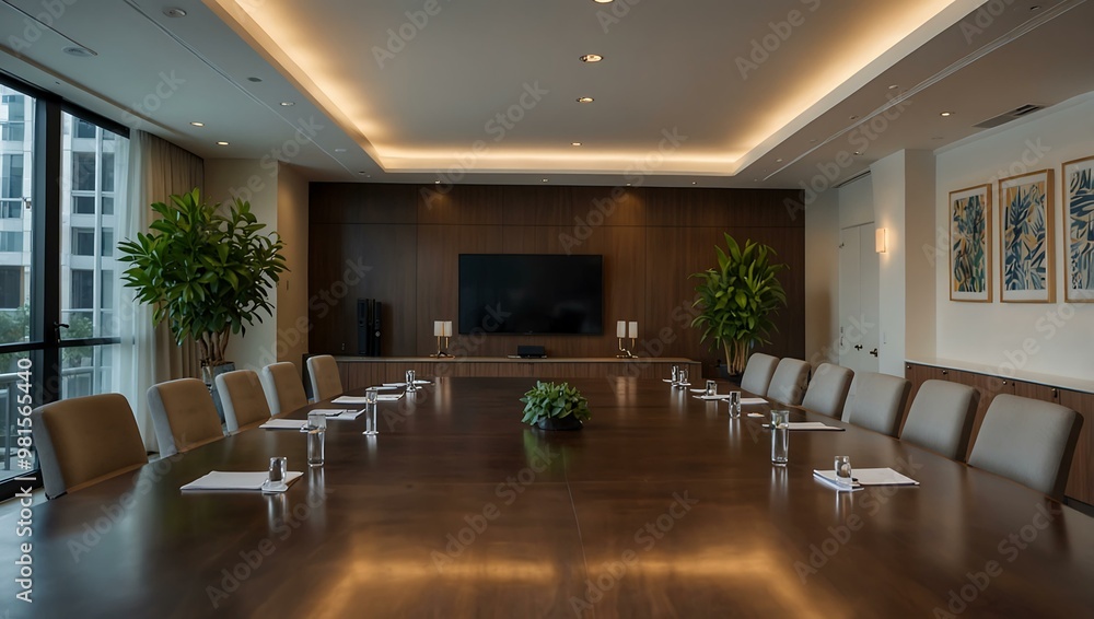 Sophisticated conference room with a central table, potted plants, and glowing ceiling light. Sophisticated conference room with a central table, potted plants, and glowing ceiling light.