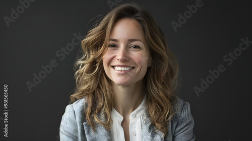 Studio portrait of smiling positive business woman