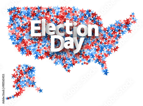 Election Day text over a U.S. map filled with red, white, and blue stars, symbolizing the 2024 election celebration.