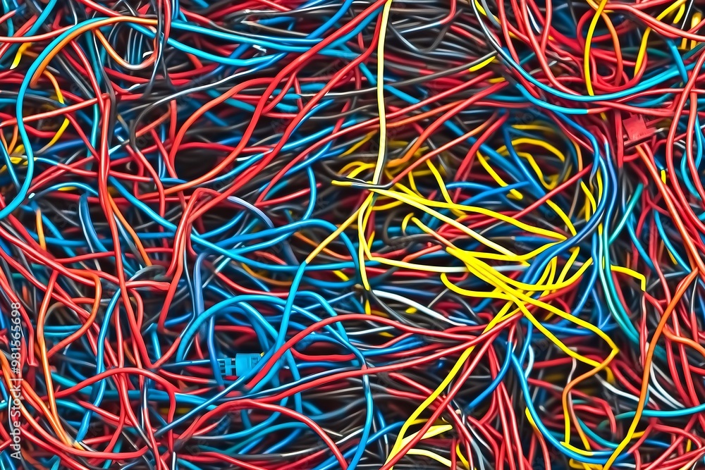 Colorful tangle of electrical wires, red, blue, and yellow strands Colorful tangle of electrical wires, red, blue, and yellow strands