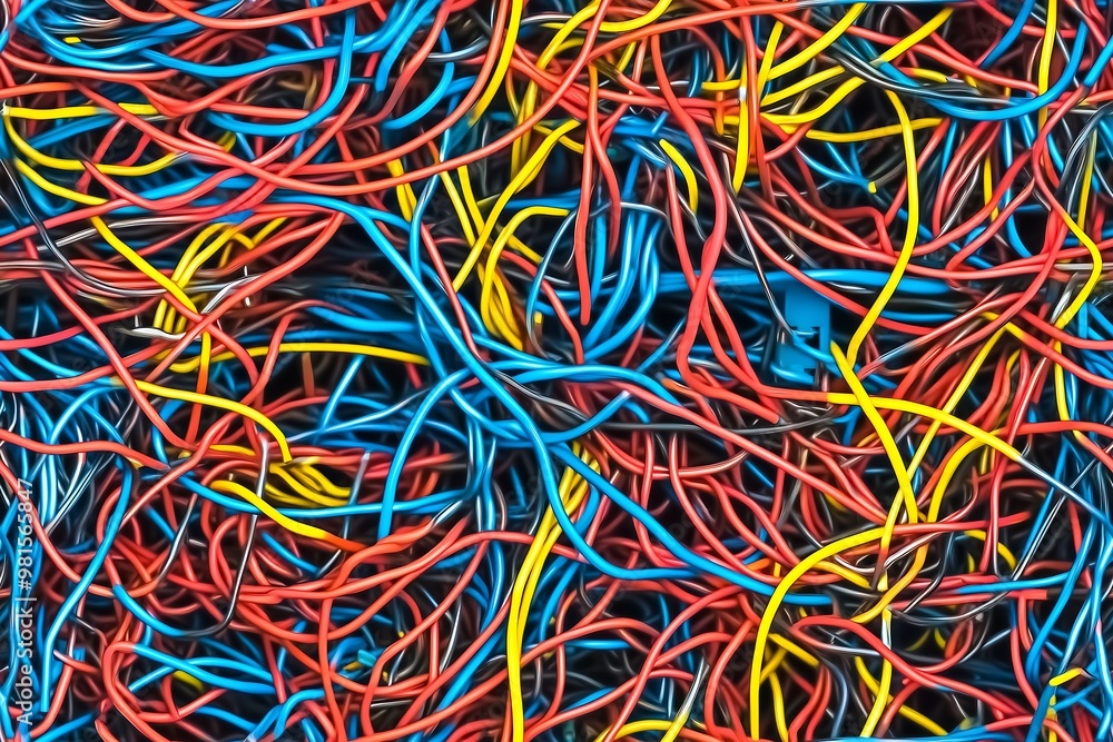 Colorful tangle of electrical wires, red, blue, and yellow strands Colorful tangle of electrical wires, red, blue, and yellow strands