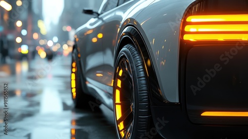 Futuristic Electric Car in Urban Night Setting with Illuminated Wheel Details photo