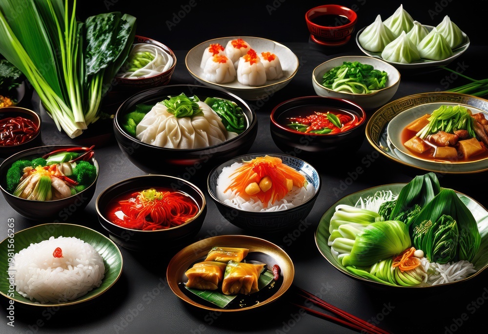 vibrant selection diverse chinese dishes served colorful bowls featuring fresh ingredients traditional presentation, appetizing, aromatic, authentic, banquet vibrant selection diverse chinese dishes served colorful bowls featuring fresh ingredients traditional presentation, appetizing, aromatic, authentic, banquet