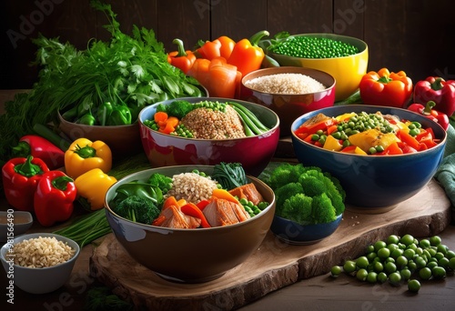 colorful bowls filled nutritious ingredients featuring fresh grains healthy pet meal presentation, dog, food, vegetables, meats, vibrant, dishes, serving, diet