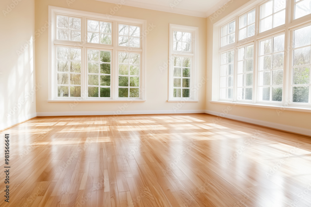 Fototapeta premium Bright empty room with wooden floors and large windows letting in natural light