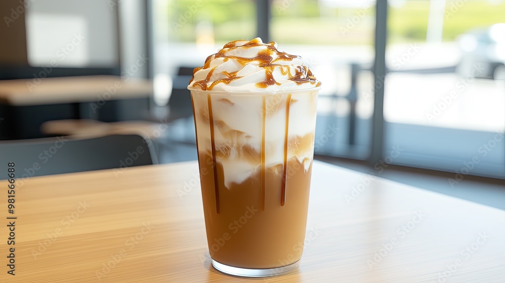 A caramel macchiato in a glass showcases creamy milk foam and rich syrup drizzles, elegantly placed on a polished wood table in a cozy coffee shop A caramel macchiato in a glass showcases creamy milk foam and rich syrup drizzles, elegantly placed on a polished wood table in a cozy coffee shop
