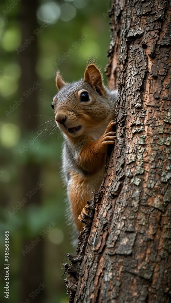Squirrel clinging to a tree, alert in a forest. Squirrel clinging to a tree, alert in a forest.
