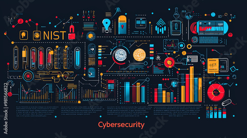 A detailed and vibrant illustration representing NIST cybersecurity protocols, featuring various data charts, graphs, and technical diagrams illustrating network security. photo