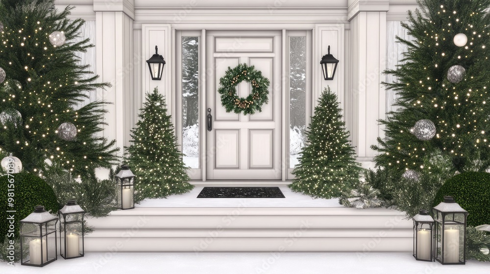 The white front door, decorated with a wreath and garland, stands proudly amidst two snowy Christmas trees, all surrounded by a winter wonderland of greenery and falling snow The white front door, decorated with a wreath and garland, stands proudly amidst two snowy Christmas trees, all surrounded by a winter wonderland of greenery and falling snow