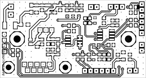 Tracing the conductors of printed circuit board
of electronic device. Vector engineering 
drawing of pcb. Electric background.
Computer technic cad design. Electronic pattern.