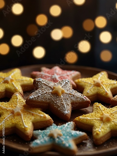 Star-shaped cookies glowing with bokeh lights in a festive setting.