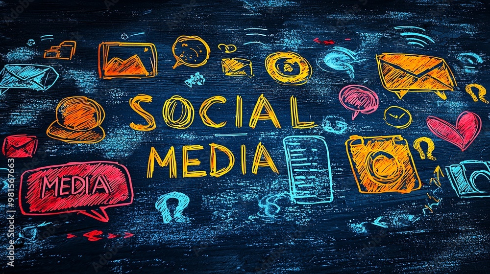 Fototapeta premium Sketchy 'Social Media' text along with various icons on a dark chalkboard background, symbolizing the prevalence and complexity of social media in modern life.