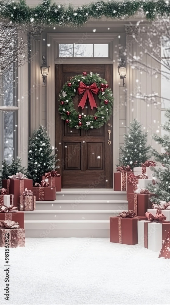 A warmly decorated wooden door features Christmas wreaths and garlands, flanked by red plaid gifts on the snowy pathway of a cozy cabin lit by twinkling trees A warmly decorated wooden door features Christmas wreaths and garlands, flanked by red plaid gifts on the snowy pathway of a cozy cabin lit by twinkling trees