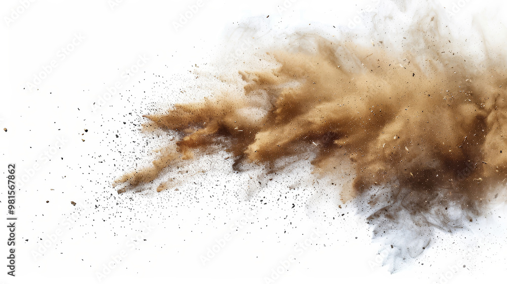 Cloud of dust, composed of dirt particles, cigarette smoke, smog, soil, and sand, isolated on a white background. Cloud of dust, composed of dirt particles, cigarette smoke, smog, soil, and sand, isolated on a white background.