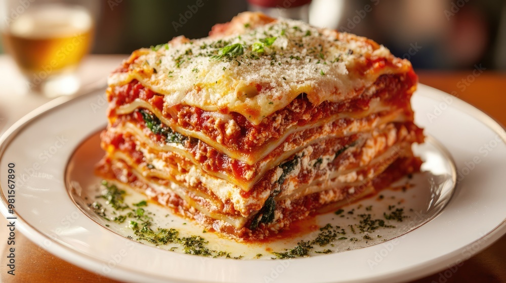 Lasagna isolated on white plate at the restaurant. Italian cuisine traditional dish Lasagna isolated on white plate at the restaurant. Italian cuisine traditional dish