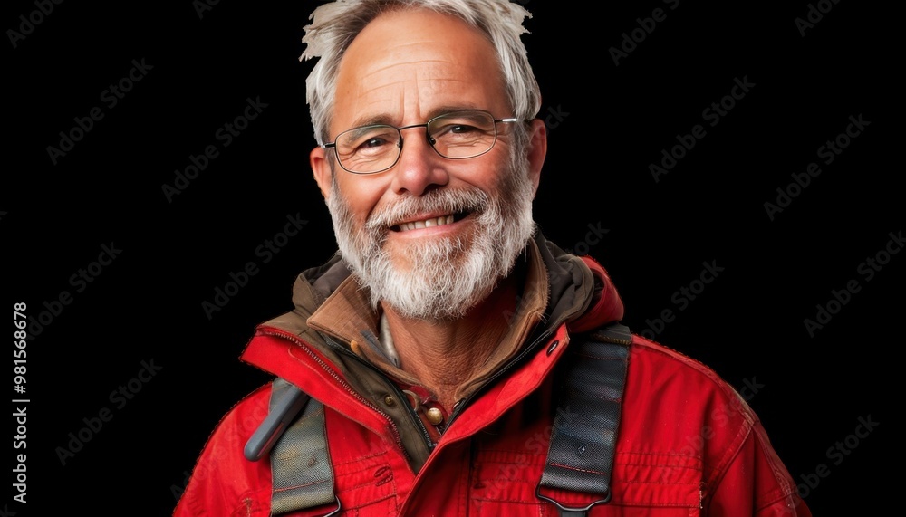 Experienced mountaineer smiling against a dark background Experienced mountaineer smiling against a dark background