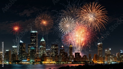 Stunning holiday fireworks illuminating the night sky over a city skyline.