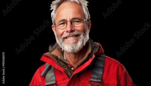 Experienced mountaineer smiling against a dark background