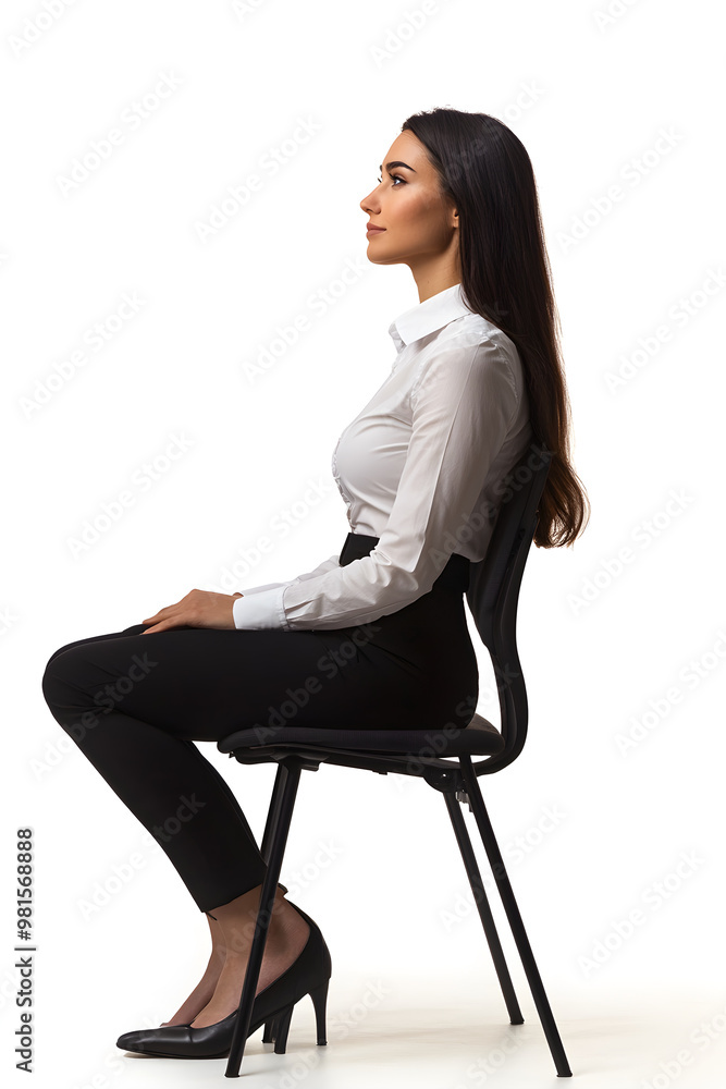 Professional Businesswoman Sitting Alone on a Black Chair Against a White Background