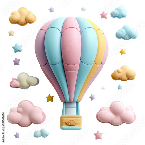 Colorful Hot Air Balloon with Clouds and Stars on Transparent Background photo