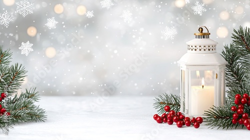 A white lantern glows softly with a candle inside, accented by red berries and pine branches, set against a wintery scene of snow-covered foliage