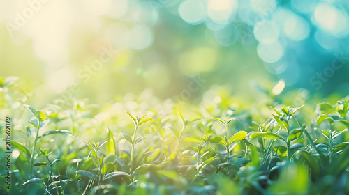 Sunny spring meadow blur background; gradient from blue sky to green grass.