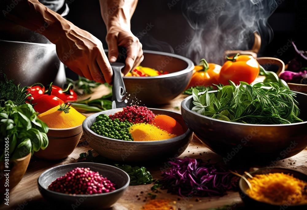 dynamic close vibrant culinary preparation showcasing fresh colorful intricate cooking techniques, appetizing, aromatic, baking, bowls, bright, chef dynamic close vibrant culinary preparation showcasing fresh colorful intricate cooking techniques, appetizing, aromatic, baking, bowls, bright, chef