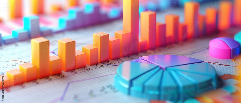 Fototapeta premium A colorful 3D visualization of bar and pie charts depicting data analysis and statistics.