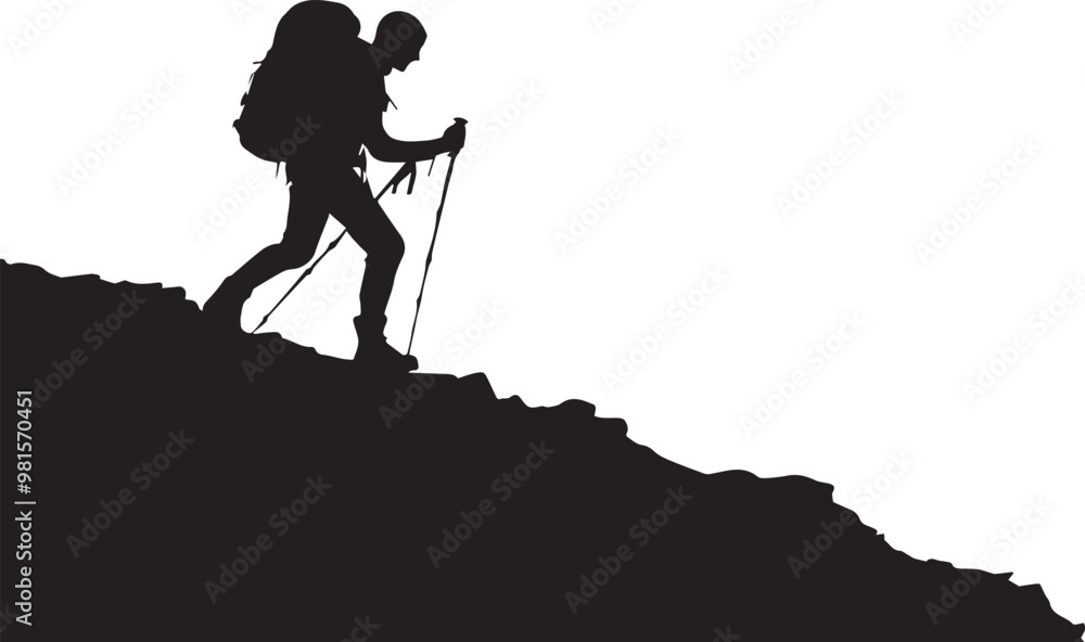 Fototapeta premium Hiker Trekking Up Hill Silhouette Vector – Outdoor Adventure and Nature Illustration.