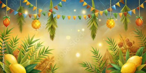 Festive watercolor background with hanging fruits and greenery for celebration decor of sukkah photo