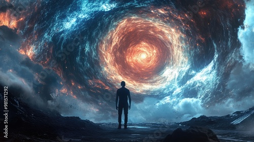 Back view of a man standing in front of huge swirling portal to another dimension. Fantasy parallel world travel concept