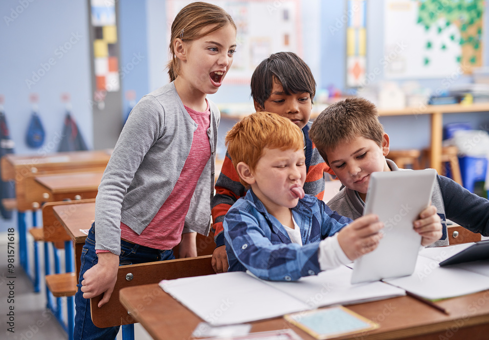 Tablet, selfie and children in classroom with fun, bonding or friendship together with goofy personality. Happy, funny face and group of kid students with technology for photography picture at school Tablet, selfie and children in classroom with fun, bonding or friendship together with goofy personality. Happy, funny face and group of kid students with technology for photography picture at school