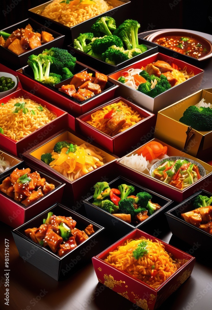 vibrant chinese takeout boxes overflowing delicious cuisine featuring varied colorful dishes appetizing presentation, bright, delivery, design, entree vibrant chinese takeout boxes overflowing delicious cuisine featuring varied colorful dishes appetizing presentation, bright, delivery, design, entree