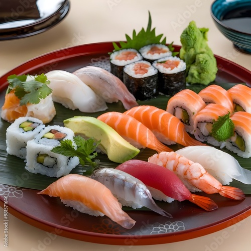 Gourmet Sushi Platter A beautifully arranged sushi platter with various types of sushi, garnished with fresh herbs and served on a traditional Japanese plate.