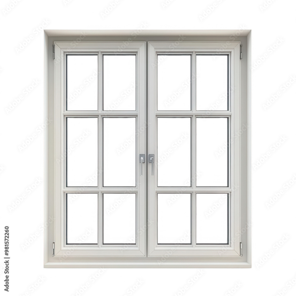 Elegant double window featuring white frames and six-pane design, transparent background Elegant double window featuring white frames and six-pane design, transparent background