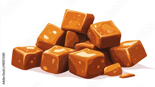 Butter toffee chunks on a plain background, with visible sheen and uniform sizes, sweet illustration art