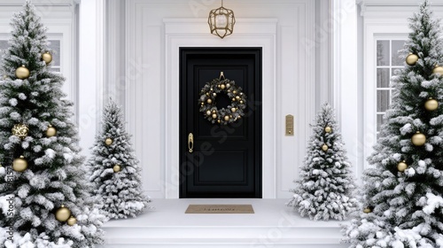 The black front door features a charming wooden wreath decorated with gold ornaments, with snow-covered pine trees flanking it, enhancing the festive winter atmosphere.