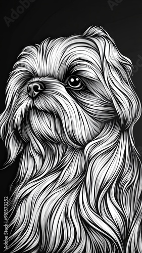 A detailed black and white illustration of a fluffy dog with textured fur showcasing its expressive eyes and regal posture photo