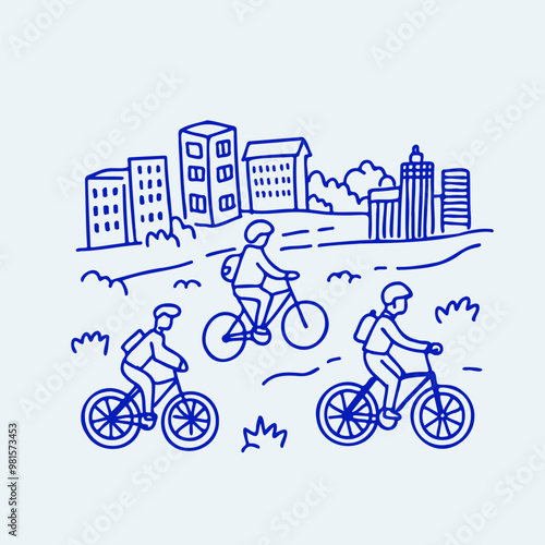 Vector illustration of people riding bicycles in an urban environment. Clean blue line art depicting cyclists, cityscape, and nature. Perfect for eco-friendly, outdoor, or urban transport concepts
