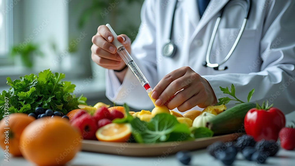 a woman is cutting a fruit with a syringe on it. a woman is cutting a fruit with a syringe on it.