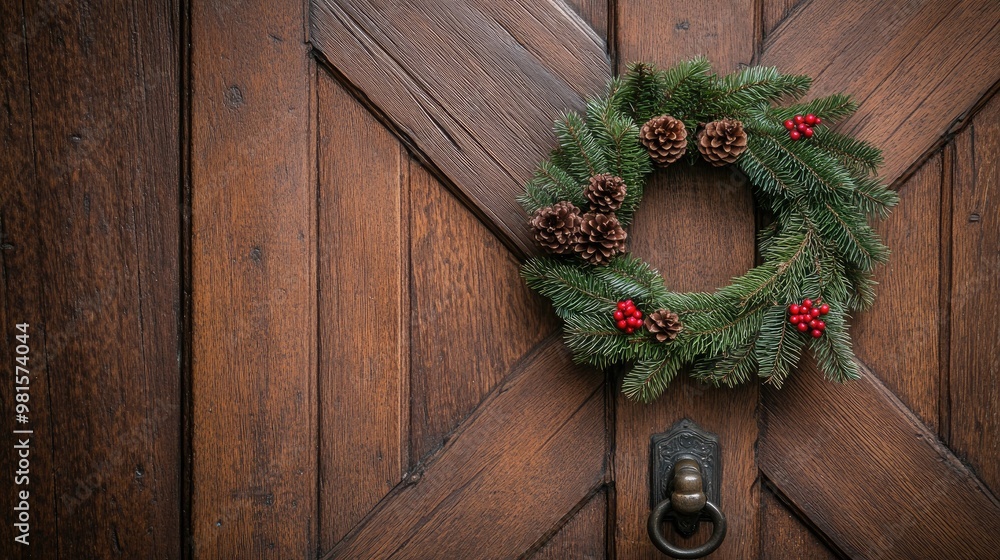 A beautifully designed wooden door showcases a vibrant Christmas wreath made of fresh evergreen branches, adorned with red berries and pine cones for a festive touch A beautifully designed wooden door showcases a vibrant Christmas wreath made of fresh evergreen branches, adorned with red berries and pine cones for a festive touch