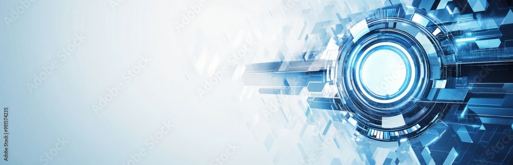 Abstract futuristic background with digital elements and technology symbols, in a blue color scheme A circular gear or portal on the right side of an empty white space is in focus Generative AI Abstract futuristic background with digital elements and technology symbols, in a blue color scheme A circular gear or portal on the right side of an empty white space is in focus Generative AI
